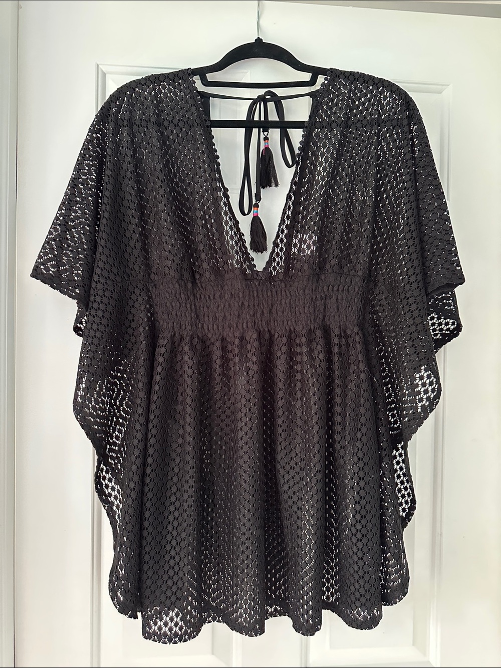 Xhilaration Black Crochet V-Neck Swim Coverup with Tassel Tie